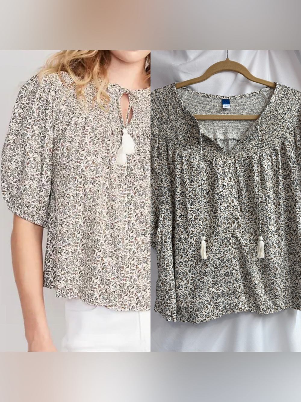 Old Navy Floral boho peasant Puff-Sleeve Tie-Front Swing Top Blouse - L